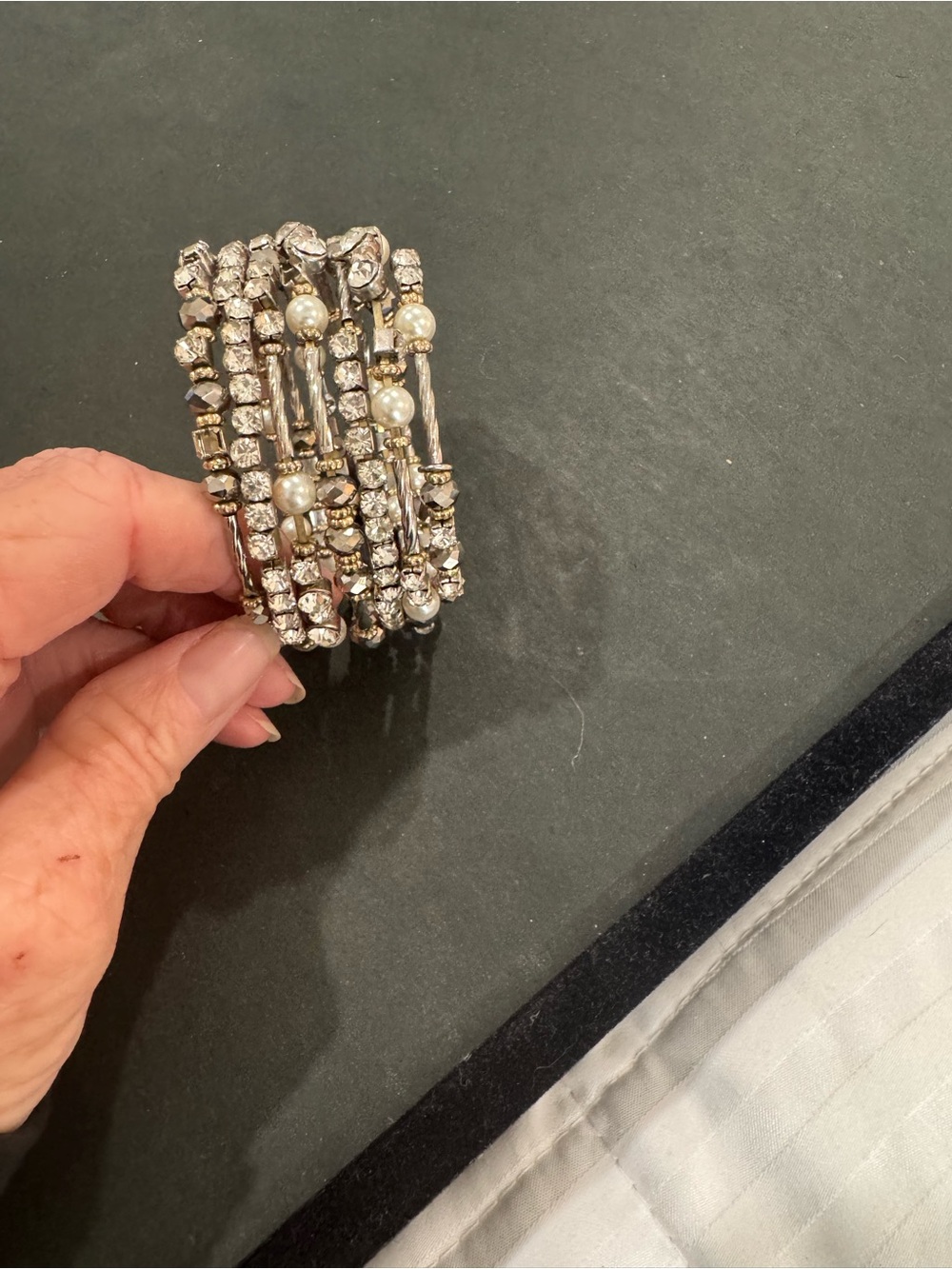 Rhinestone and Pearl Multi-Row Stretch Bracelet - Silver